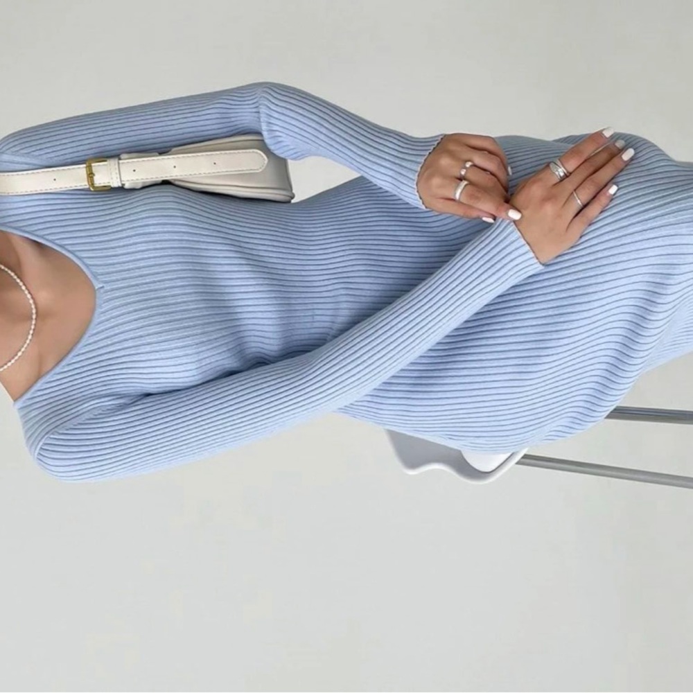 Baby blue ribbed, knitted dress, and size large